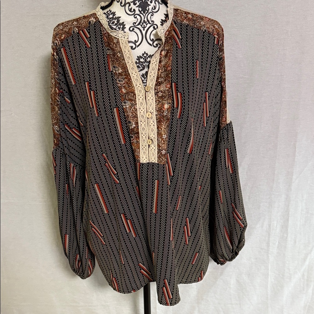 Ces Femme Boho Black and Brown Mix of patterns balloon lantern sleeves Blouse